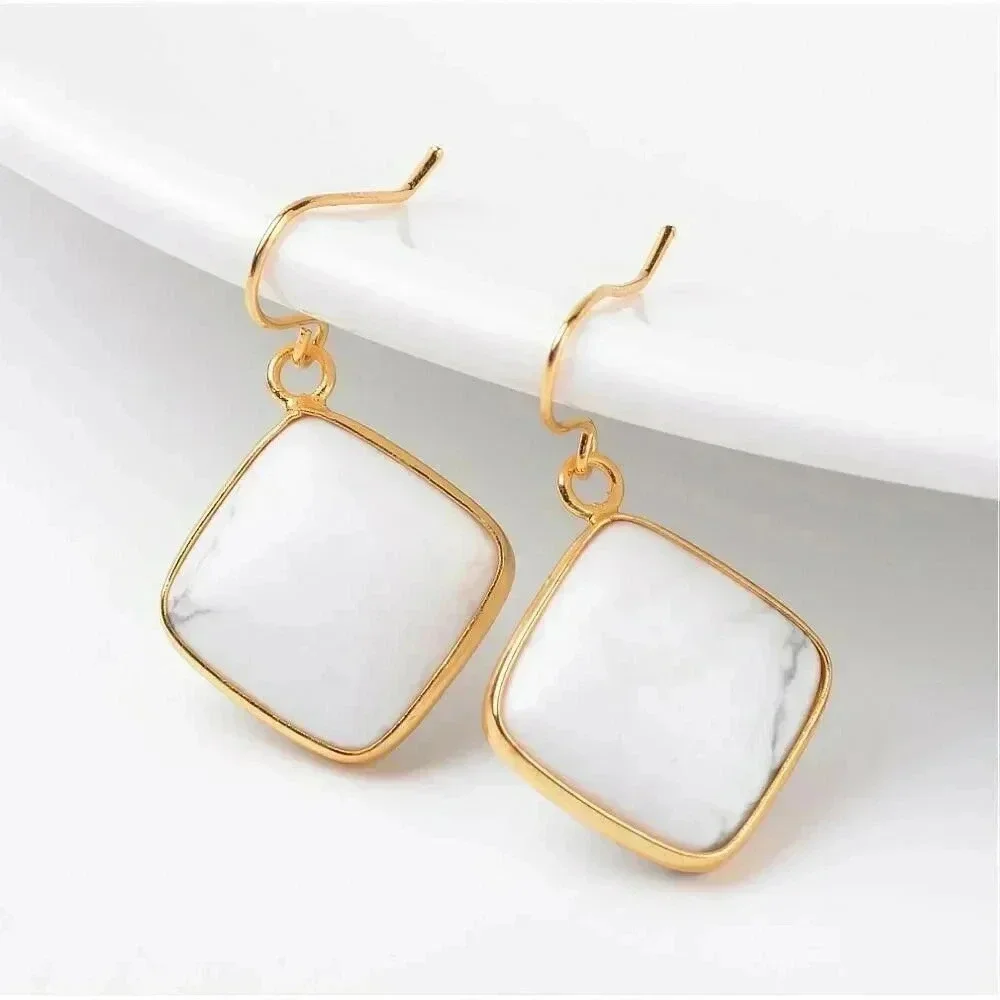 Puffed Diamond Shape White Howlite Gemstone Pendant Gold Plated Trim Earrings